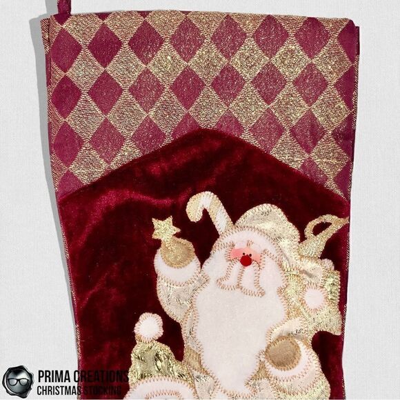 VINTAGE CHRISTMAS STOCKING APPLIQUÉ SANTA & SNOWMAN VELVET FELT IN RED & GOLD - Picture 5 of 13